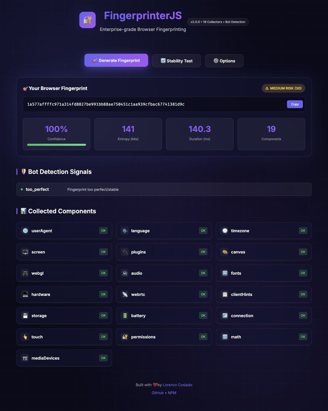 Interface de démonstration de FingerprinterJS
